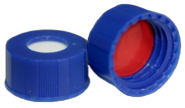 CS-100001 - 2 mL, 9 mm Blue Screw Cap, Red PTFE/White Silicone 0.040 Thickness, Hardness 45 Shore A, Pkg. 1000