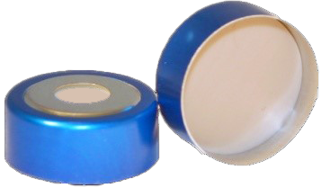 CS-100049 - 20 mL, 20 mm Headspace Blue Bi-Metal Magnet Crimp Cap, Tan PTFE/White Silicone 0.120 Thick, Ultra Low Bleed, Pkg. 1000