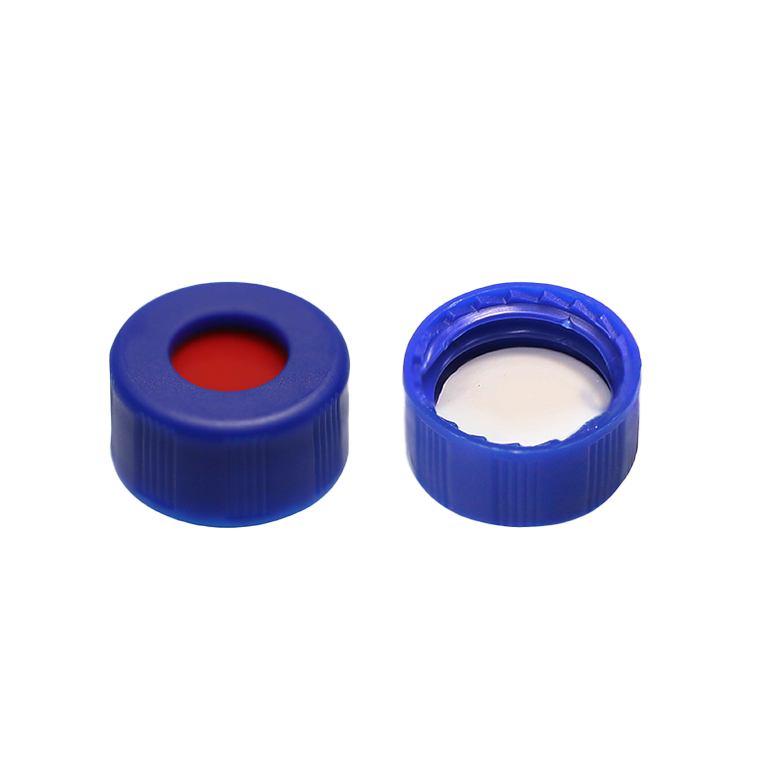 CS-100066 - 2 mL, 9 mm Blue Short Screw Cap, White PTFE/Red Silicone Septa, 9 x 1 mm, 6 mm Center Hole, Pkg. 100