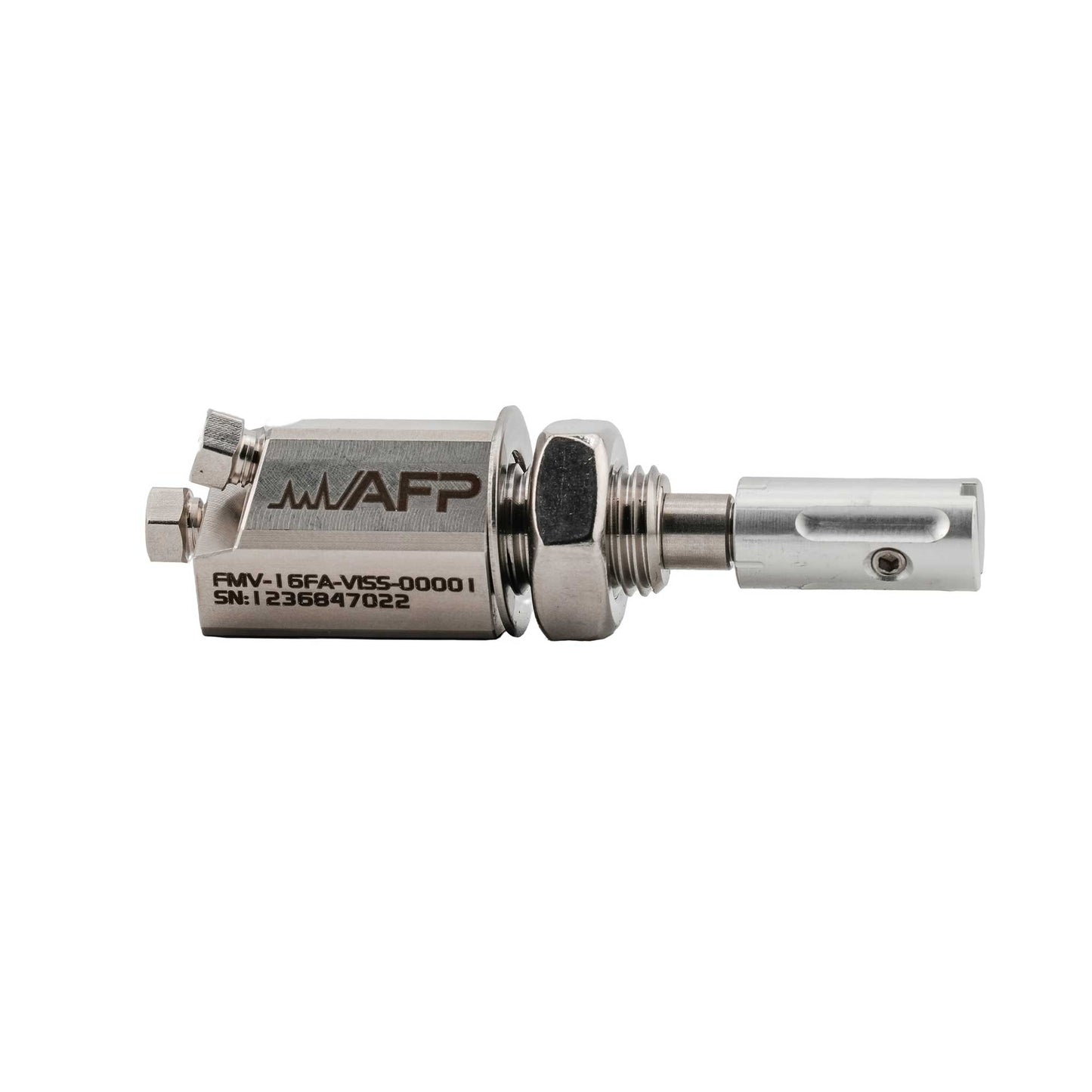 FMV-16FA-VISS-00001 - Flow Metering Valve, 1/16" fine adjustment, Viton, SS300, short nut, 10 µm frit, clear, lubricated (Needle Valve)