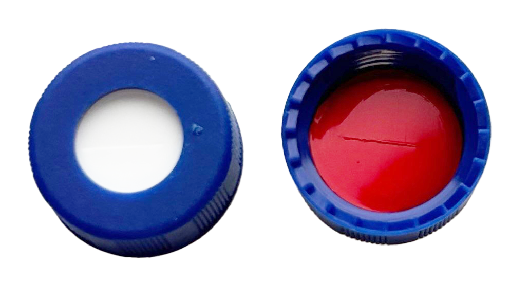CS-100004 - 2 mL, 9 mm Blue Screw Cap, SLIT, Red PTFE/ White Silicone 0.040 Thickness, Pkg. 100