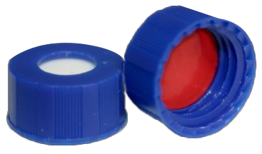CS-100012 - 2 mL, 9 mm Blue Screw Cap, Red PTFE/White Silicone 0.040 Thickness, Ultra Low Bleed, Pkg. 100