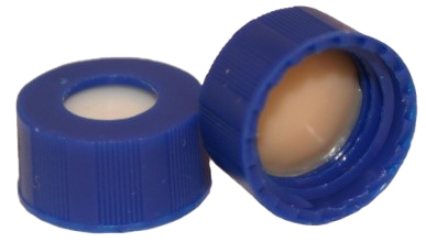 CS-100015 - 2 mL, 9 mm Blue Screw Cap, Tan PTFE/White Silicone 0.040 Thickness, Bonded, Pkg. 1000