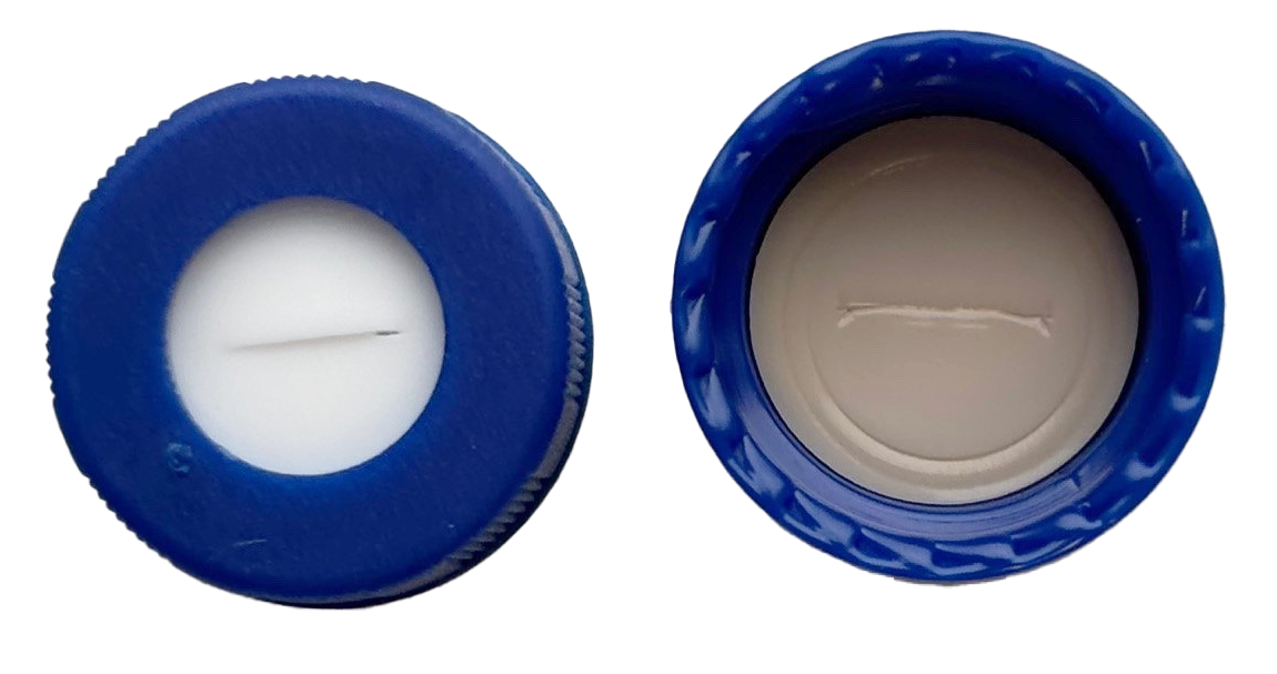 CS-100017 - 2 mL, 9 mm Blue Screw Cap, Tan PTFE/White Silicone 0.040 Thickness, SLIT Bonded, Pkg. 1000