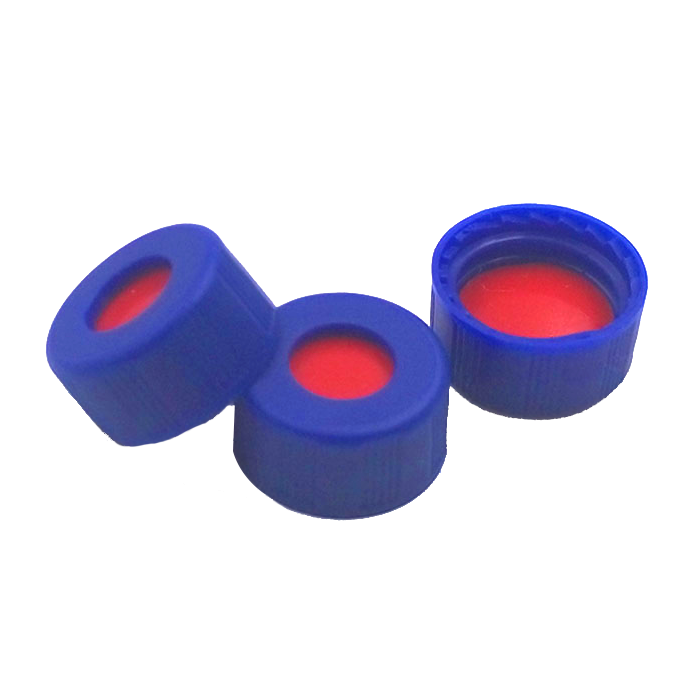 CS-100068 - 2 mL, 9 mm Blue Short Screw Cap, Red PTFE/White Silicone/Red PTFE Septa, 9 x 1 mm, 6 mm Center Hole, Pkg. 100
