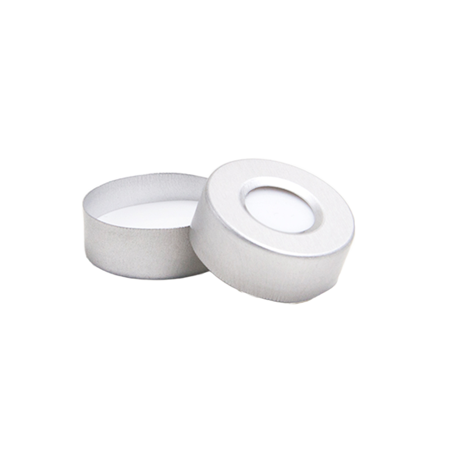 CS-100078 - 20 mL, 20 mm Headspace Aluminum Crimp Cap, White PTFE/White Silicone Septa, 20 x 3 mm, 9.5 mm Center Hole, Pkg. 100